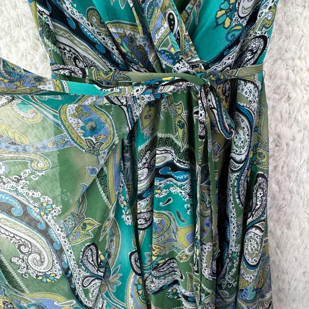 Jones New York‎ Paisley Faux Wrap Dress 14W Green Blue Boho Sleeveless Midi